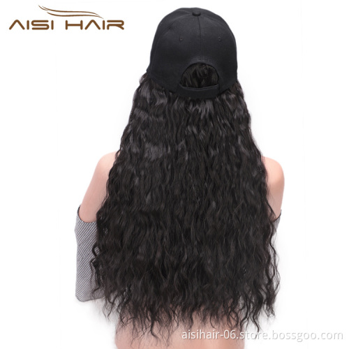 Aisi Hair Baseball Hat with Water Wave Hair Extensions Black Hat with Long Synthetic Hair Extensions for Girls Easy to Wear